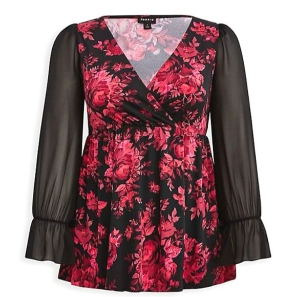 Torrid Black and Pink Floral Surplice Sheer Sleeve Polyester Top Sz XXL - Picture 3 of 13